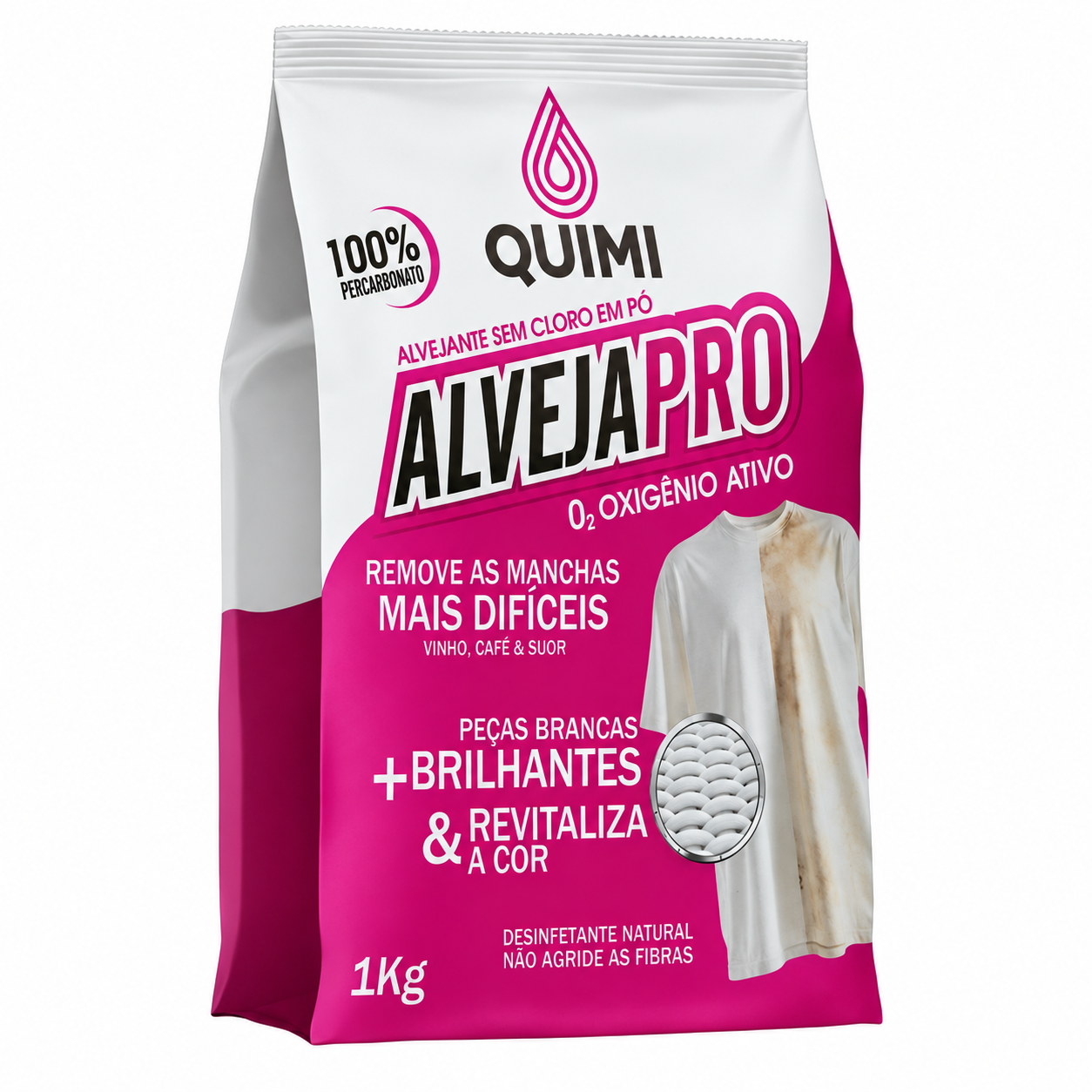 Embalagem Alveja Pro 100% Percarbonato 1 kg da Quimi, branca e rosa